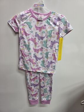 Pink Dinosaur Print Kids Pajama Set - Soft Short Sleeve Top & Pants